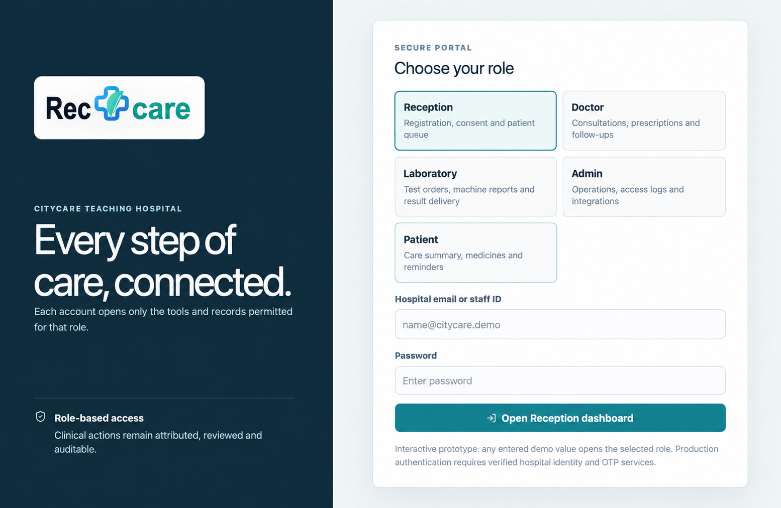 recOCare secure portal with role selection for reception, doctor, laboratory, admin and patient